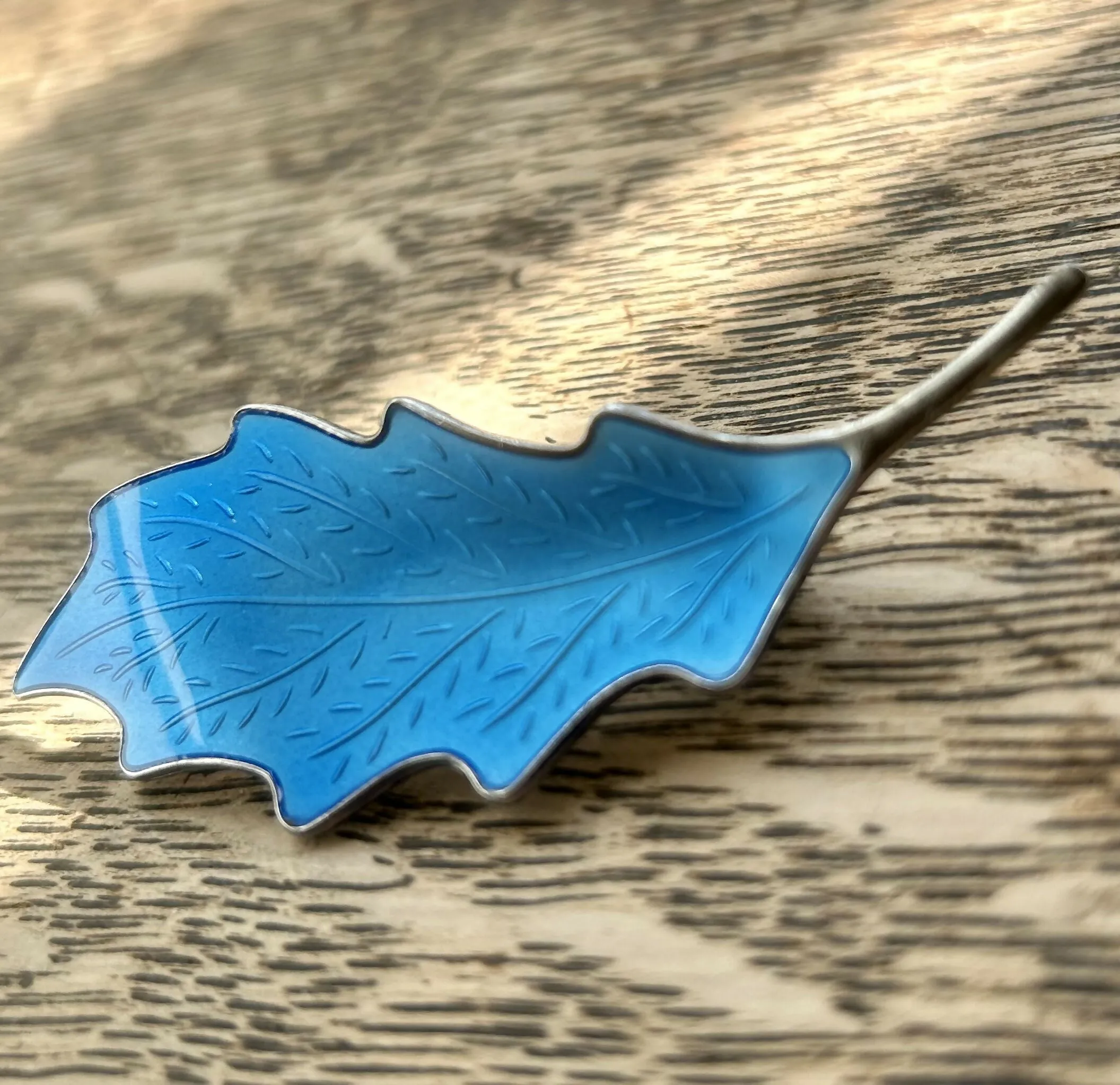 Modern Mid Century Knut A Rasmussen Sterling Silver 1960??s Electric Blue Enamel Leaf Brooch