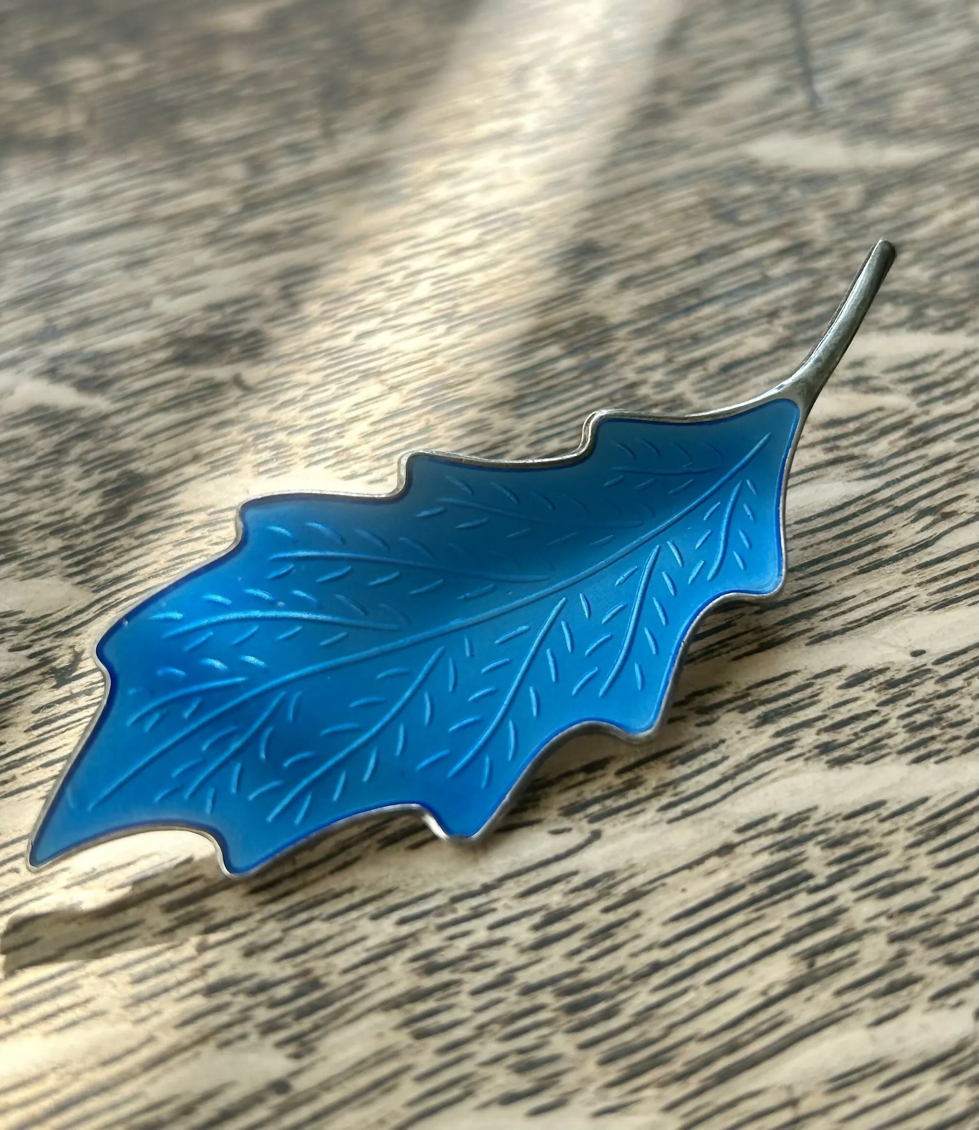 Modern Mid Century Knut A Rasmussen Sterling Silver 1960??s Electric Blue Enamel Leaf Brooch