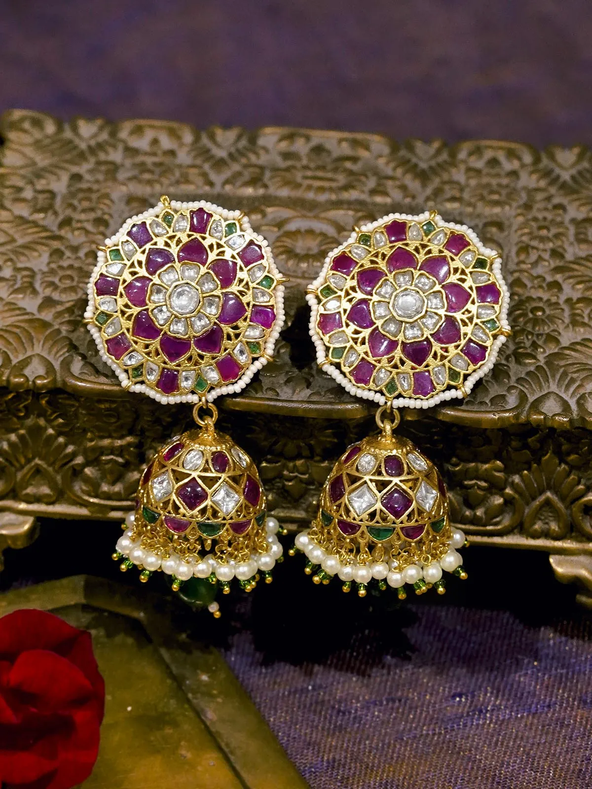 Multicolor Gold Plated Jadau Kundan Earrings - ME1140M