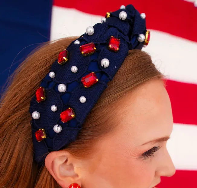 Navy Lace Headband w/ Red Crystals and Pearls
