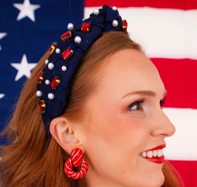 Navy Lace Headband w/ Red Crystals and Pearls