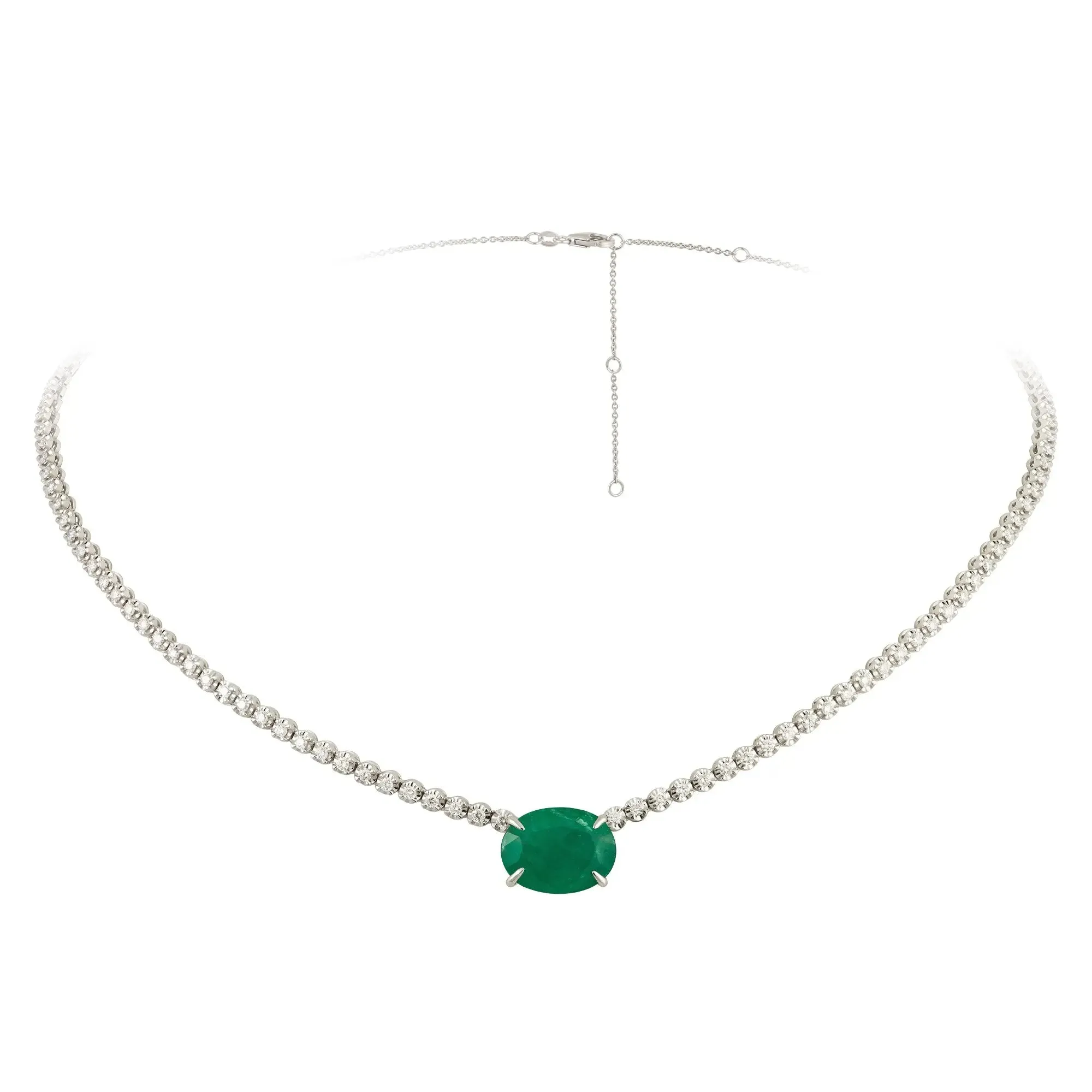 Oval Emerald and Diamond Necklace in White Gold