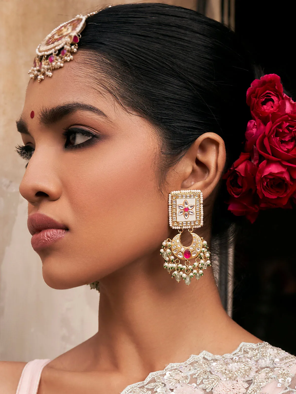 Pink Color Gold Plated Thappa Jadau Kundan Earrings - TJ-E26WP