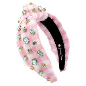 Pink Gingham Headband w/ Robins Egg Blue Rhinestones