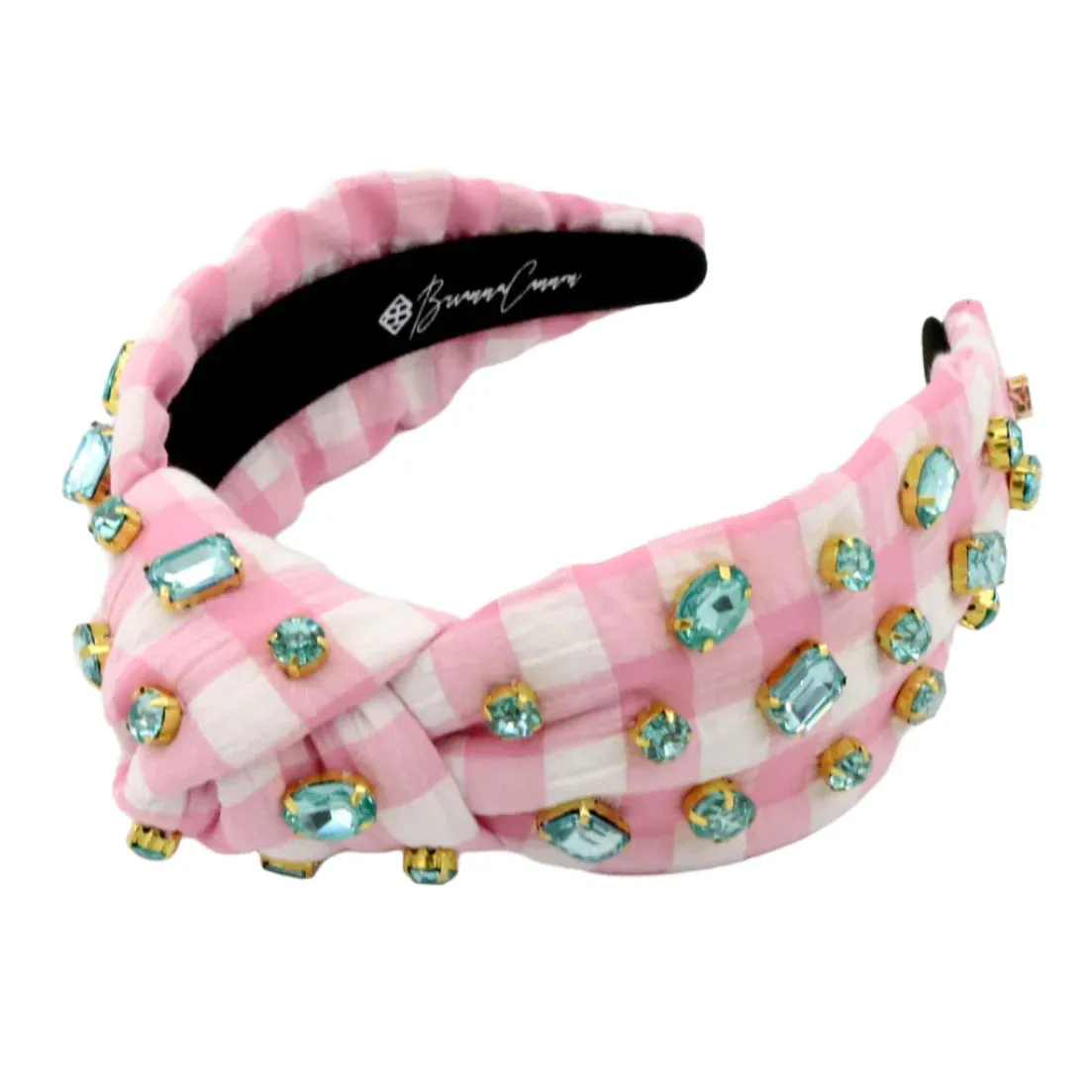 Pink Gingham Headband w/ Robins Egg Blue Rhinestones