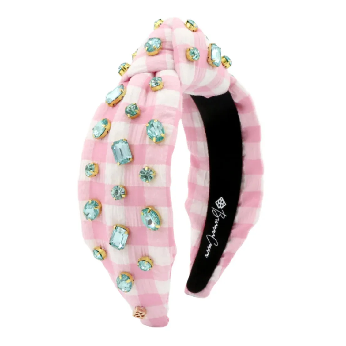 Pink Gingham Headband w/ Robins Egg Blue Rhinestones