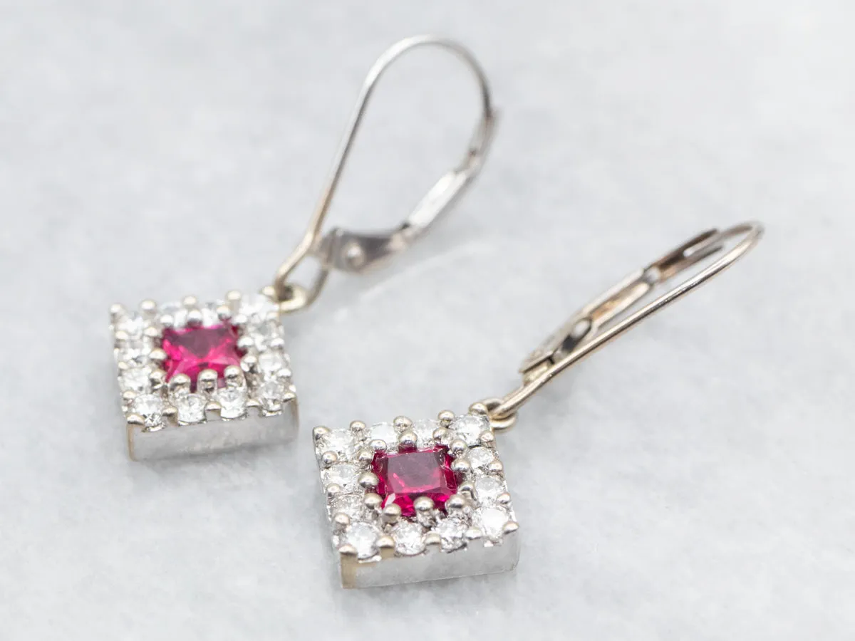 Pretty Ruby and Diamond Halo Drop Earrings