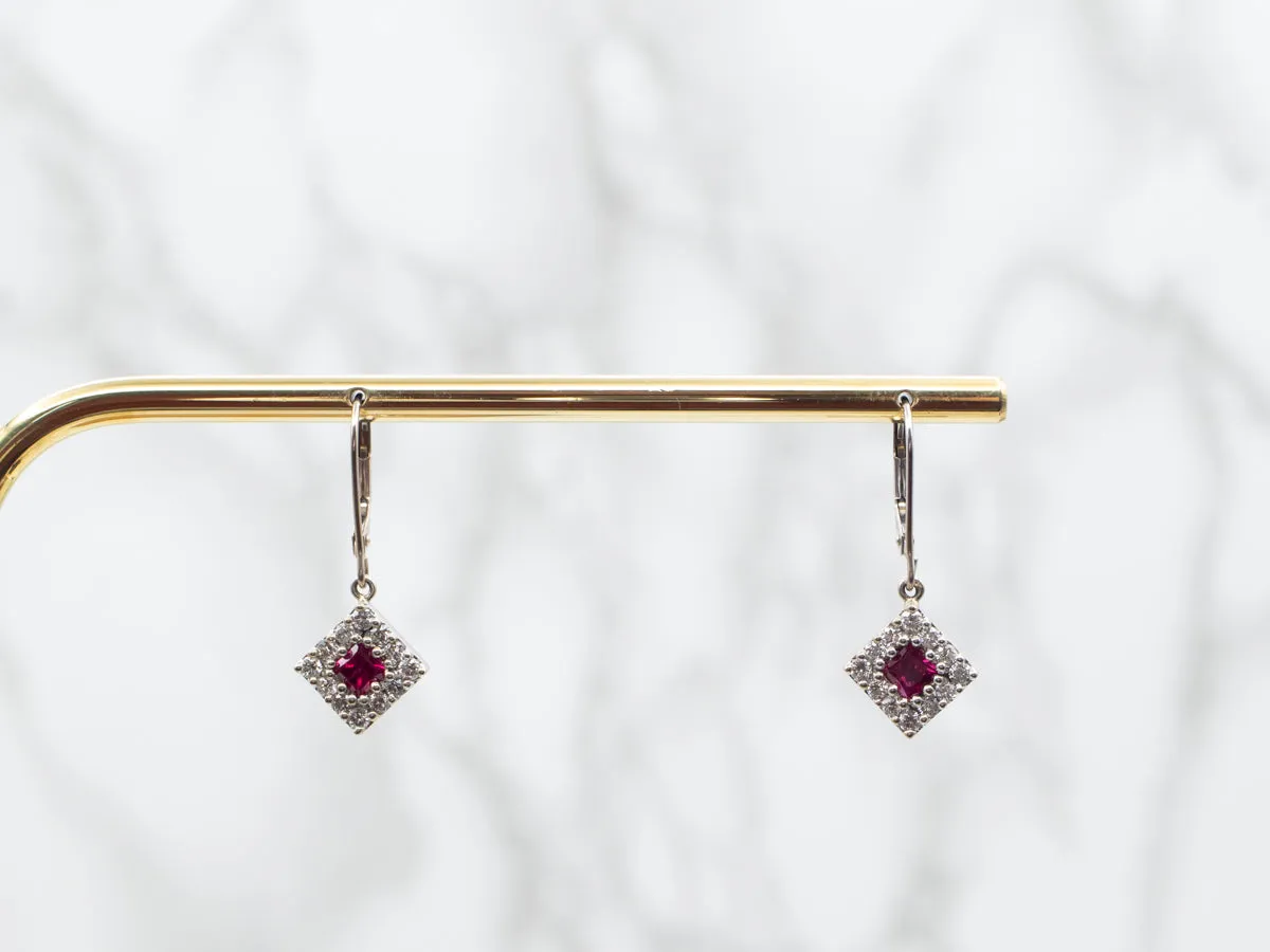 Pretty Ruby and Diamond Halo Drop Earrings