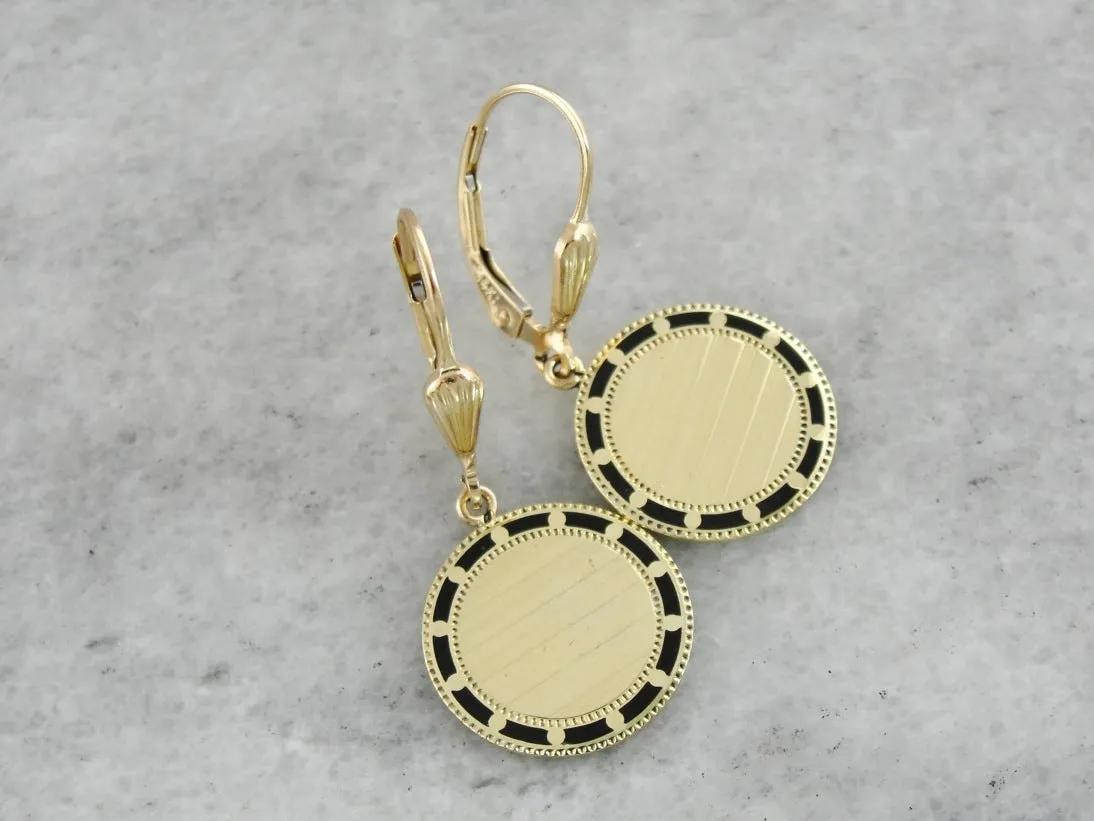 Retrofitted Antique Black Enamel Cufflink Earrings, Circular in Shape with Yellow Gold Leverbacks