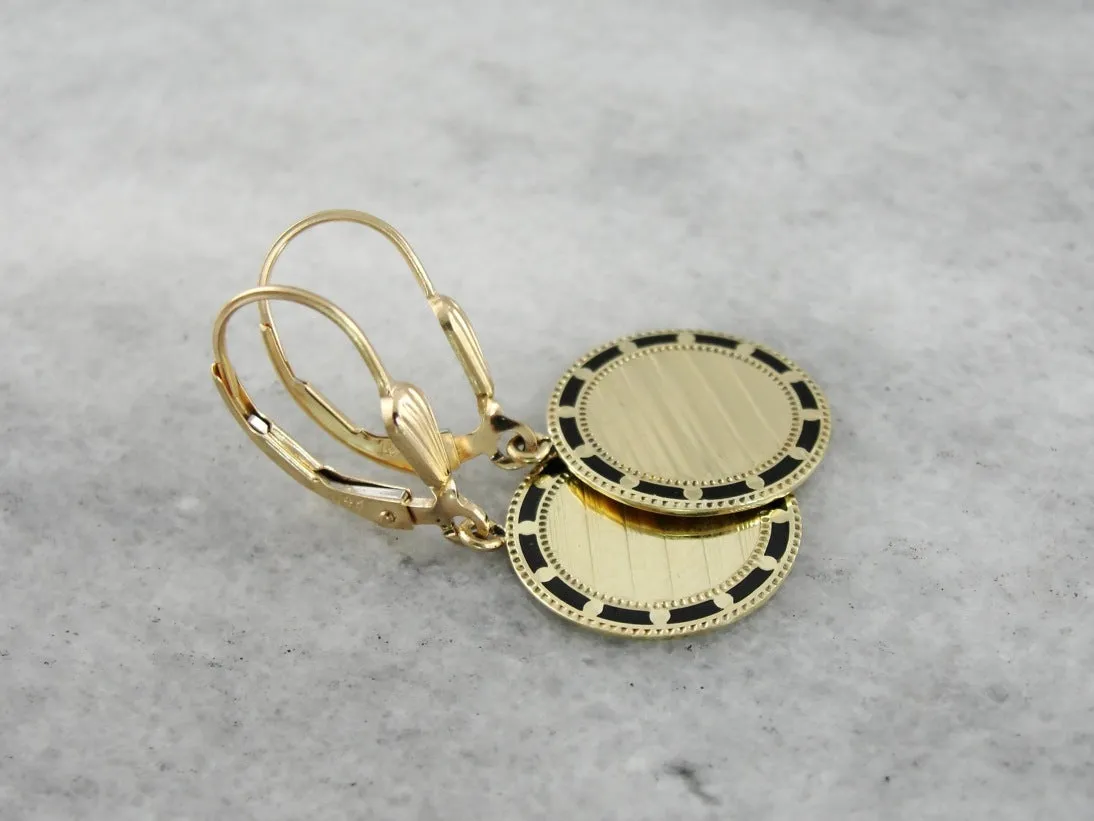 Retrofitted Antique Black Enamel Cufflink Earrings, Circular in Shape with Yellow Gold Leverbacks