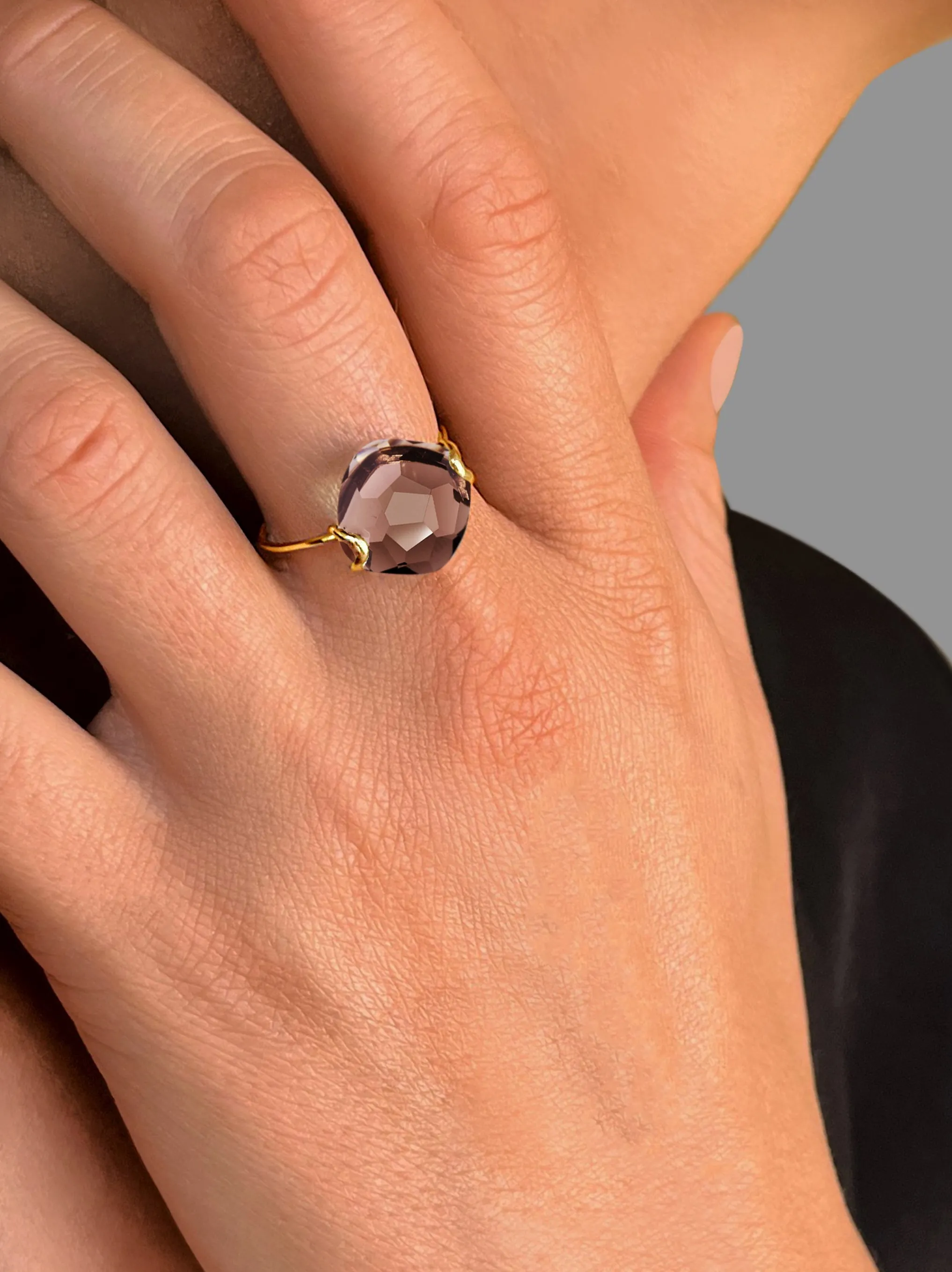 Ring in 925 Silver gilded with 18k yellow gold assembled with Smoky Quartz