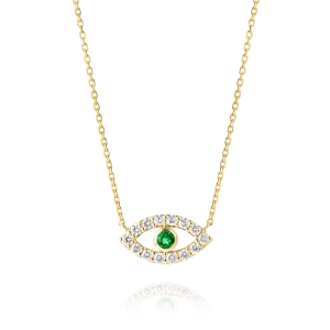 Round Evil Eye Green Emerald Pendant Yellow Gold