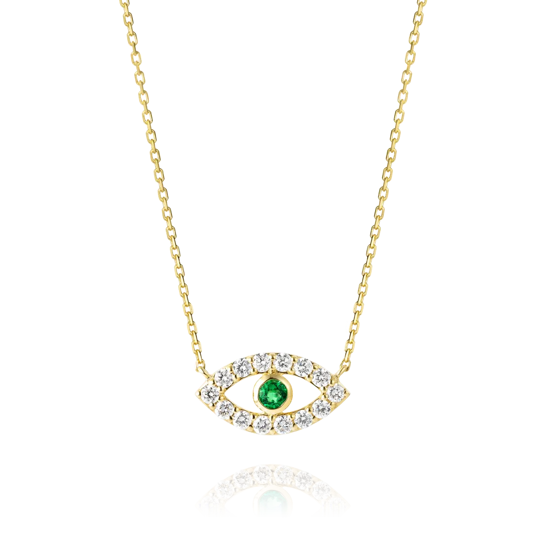 Round Evil Eye Green Emerald Pendant Yellow Gold