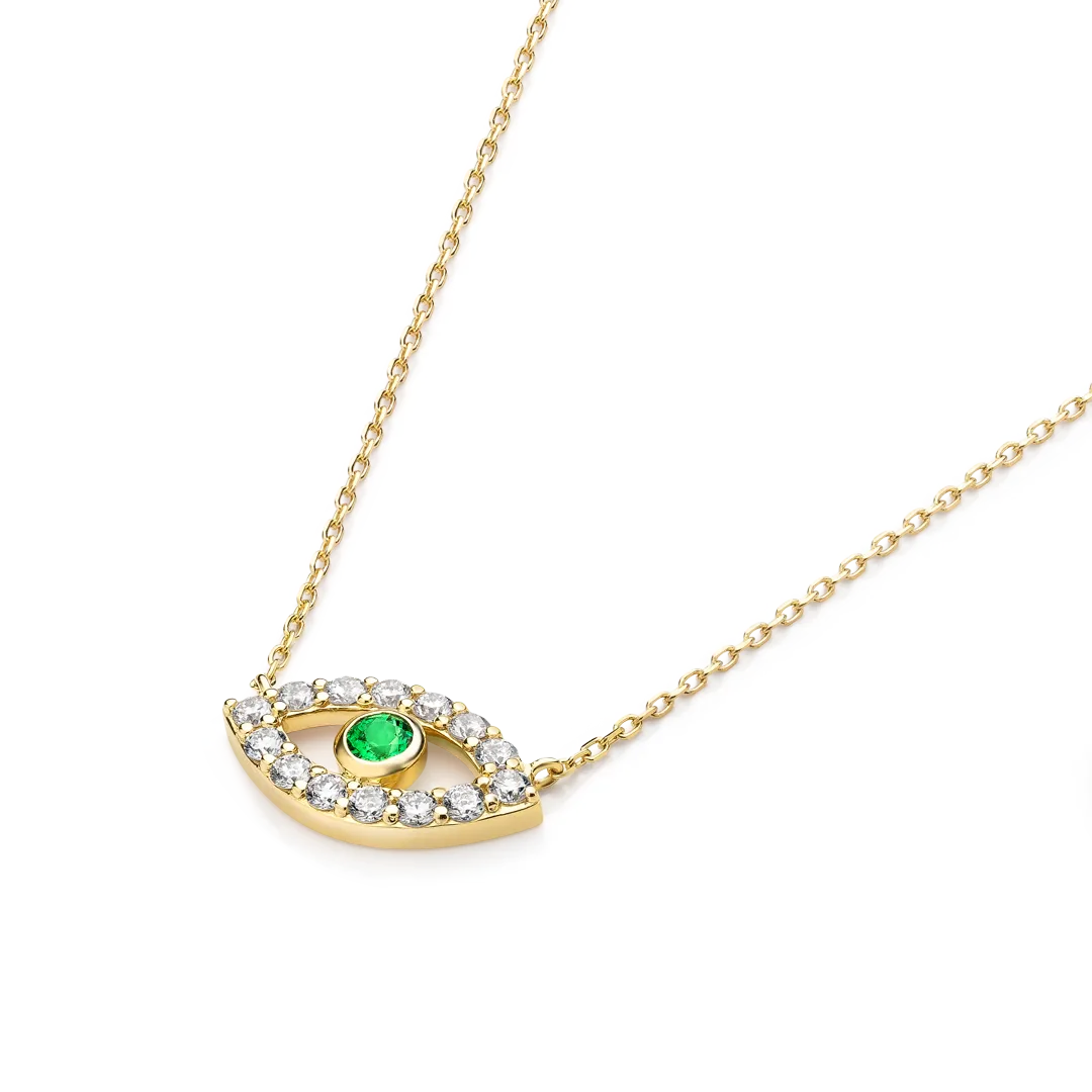 Round Evil Eye Green Emerald Pendant Yellow Gold