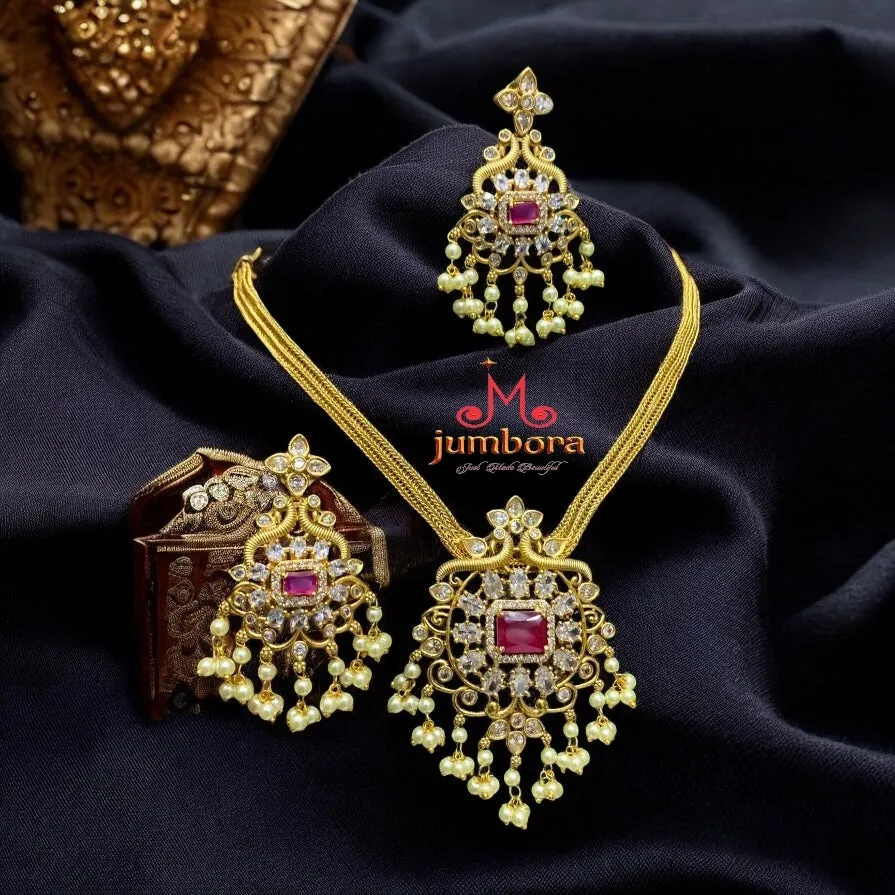Ruby Red & White AD Zircon CZ Necklace Set