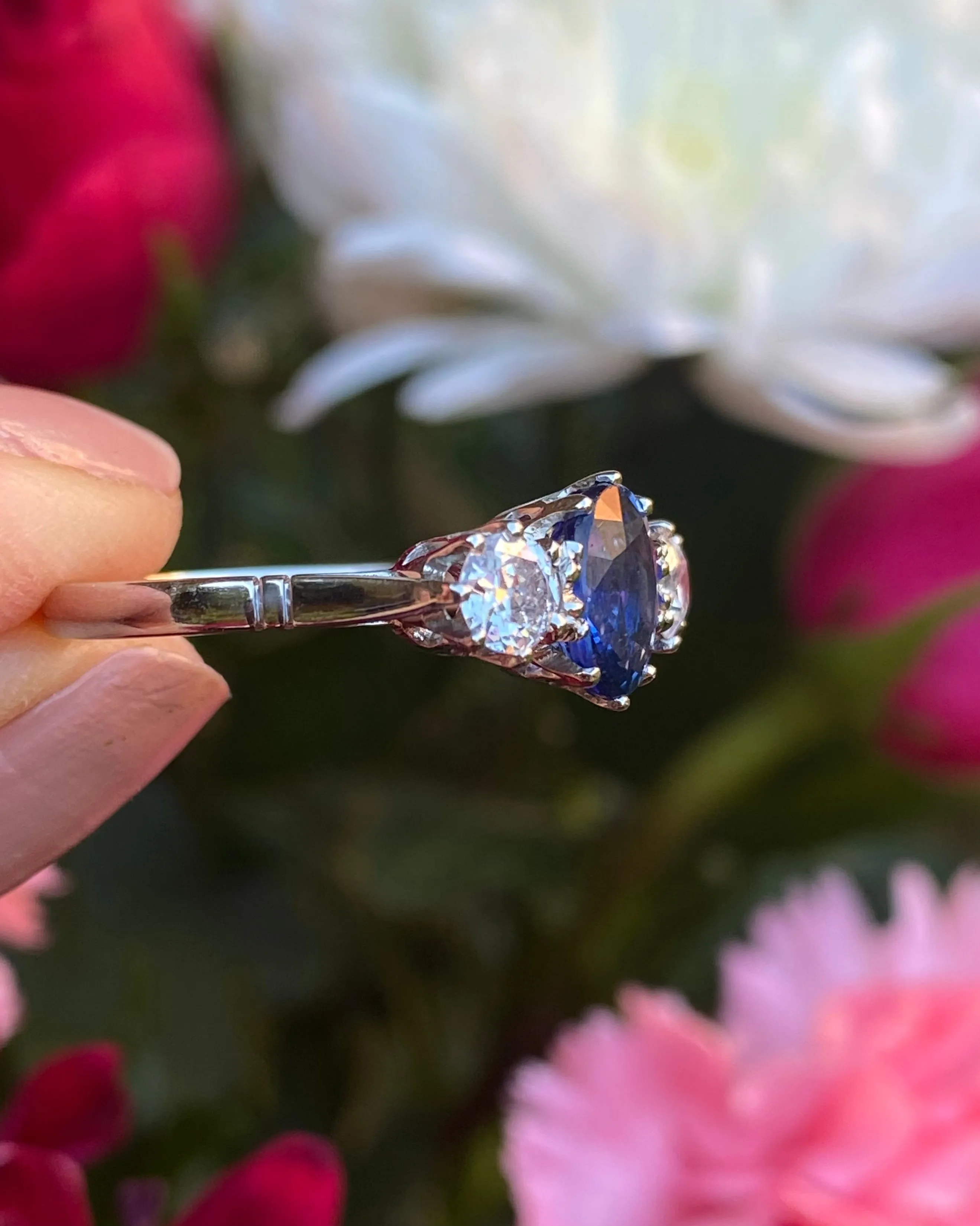 Sapphire and Diamond Three Stone Platinum Ring 0.75ct   1.25ct