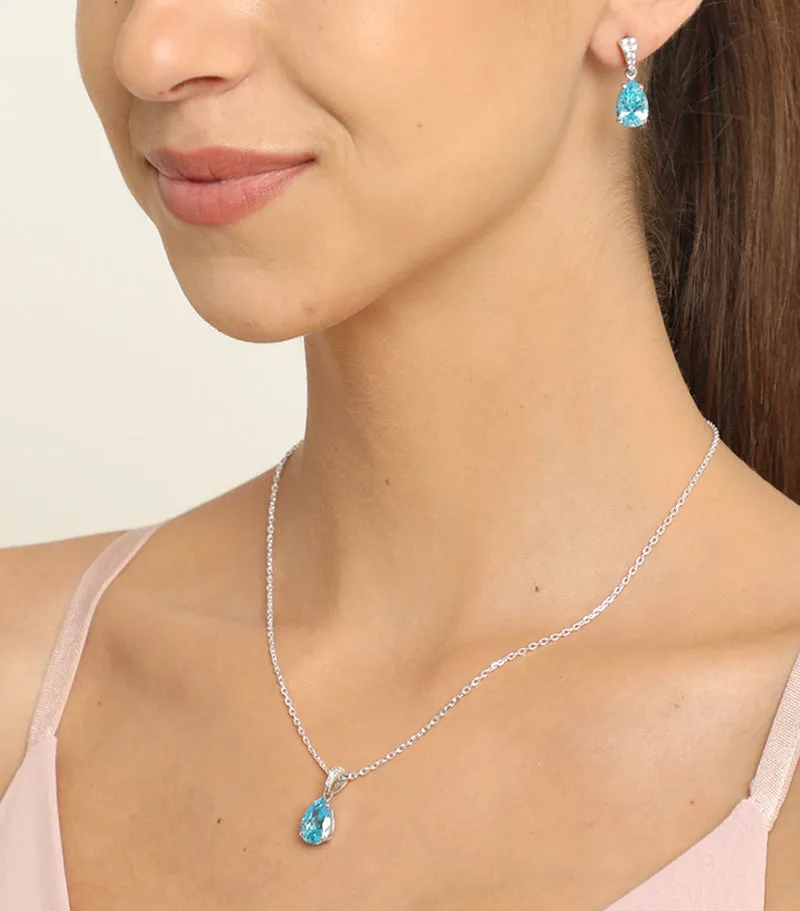 Silver Sky Blue Tear Drop Jewellery Set
