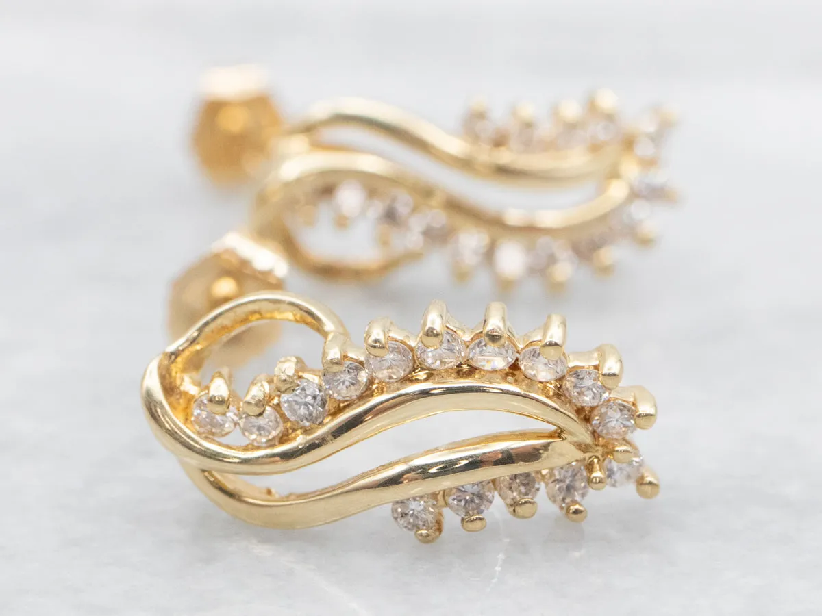 Swirling Gold and Diamond Drop Earrings