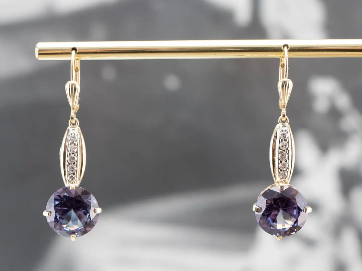 Synthetic Alexandrite and Diamond Drop Earrings