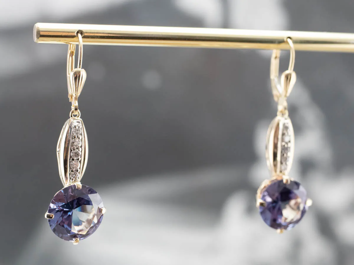 Synthetic Alexandrite and Diamond Drop Earrings