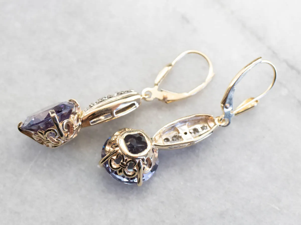 Synthetic Alexandrite and Diamond Drop Earrings