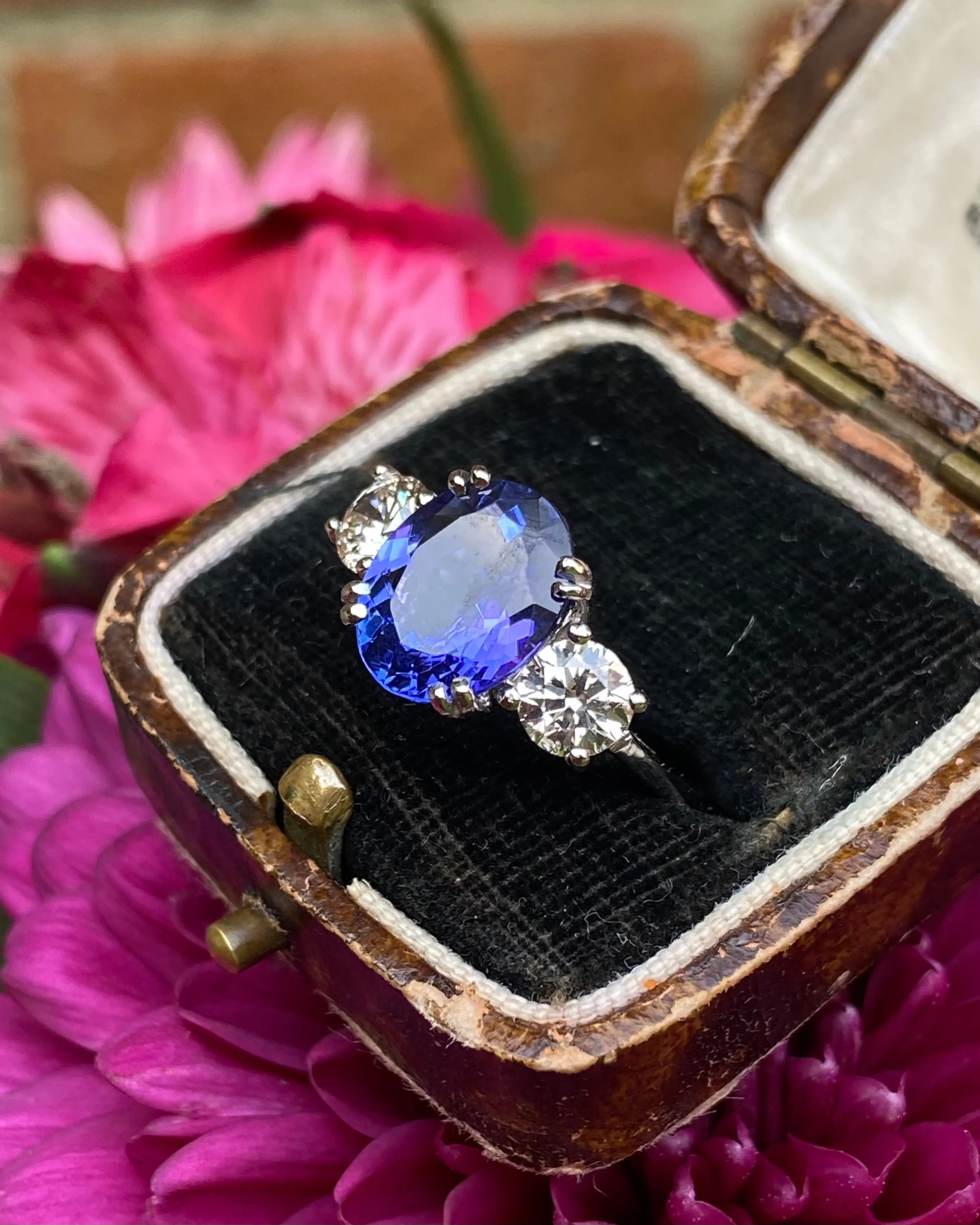 Tanzanite and Diamond Three Stone Platinum Ring 1.03ct   3.45ct