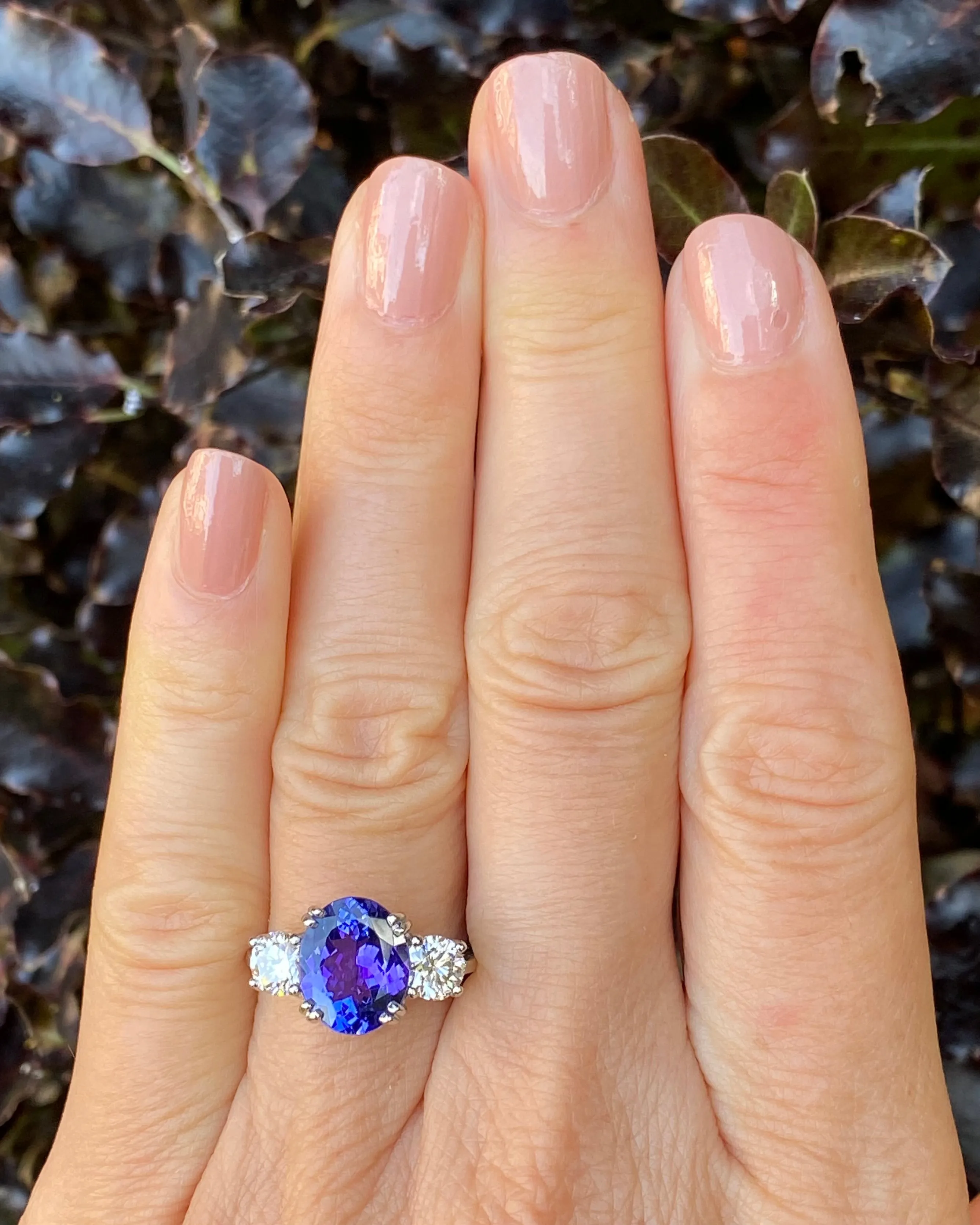 Tanzanite and Diamond Three Stone Platinum Ring 1.03ct   3.45ct