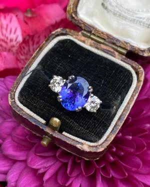 Tanzanite and Diamond Three Stone Platinum Ring 1.03ct   3.45ct