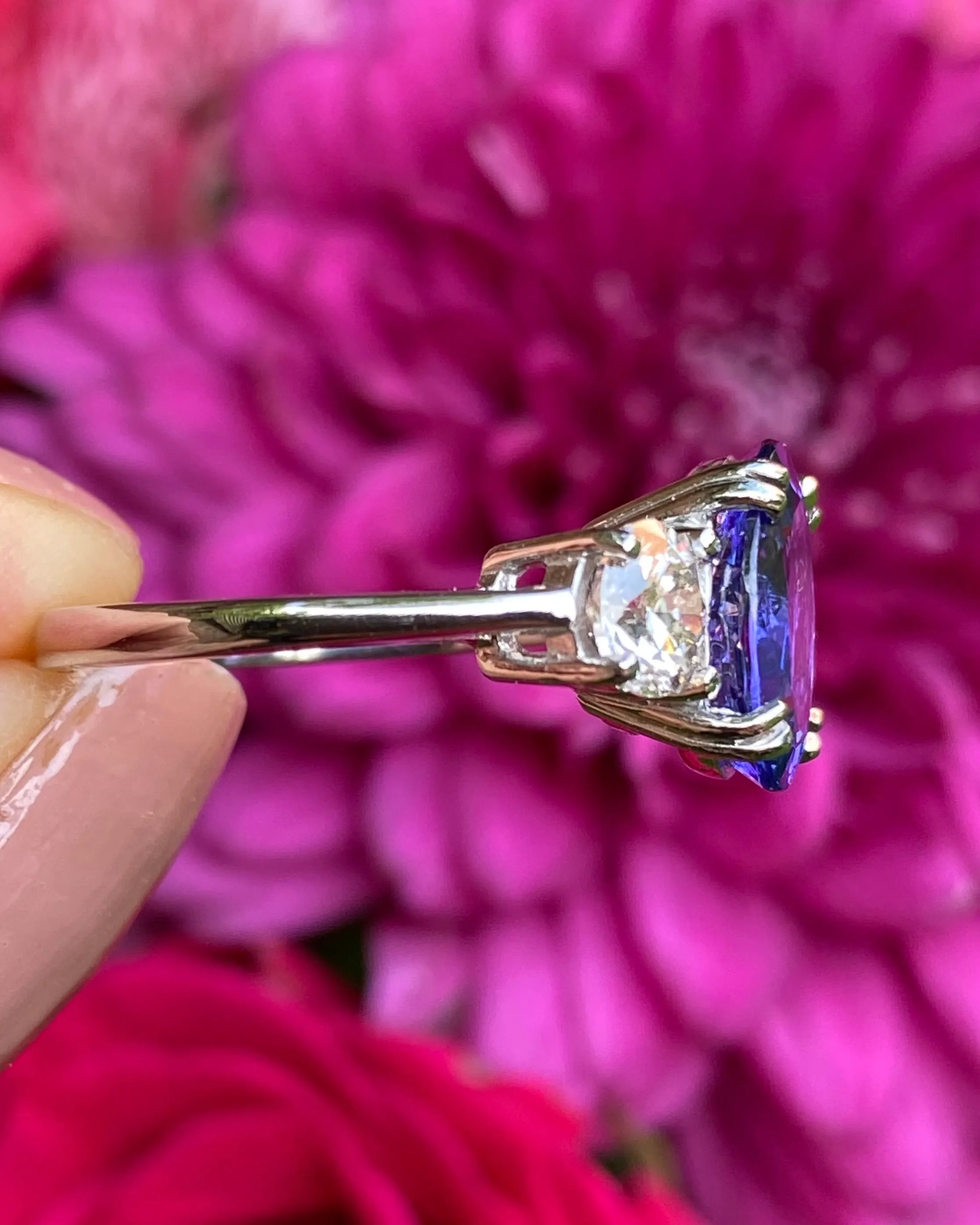 Tanzanite and Diamond Three Stone Platinum Ring 1.03ct   3.45ct