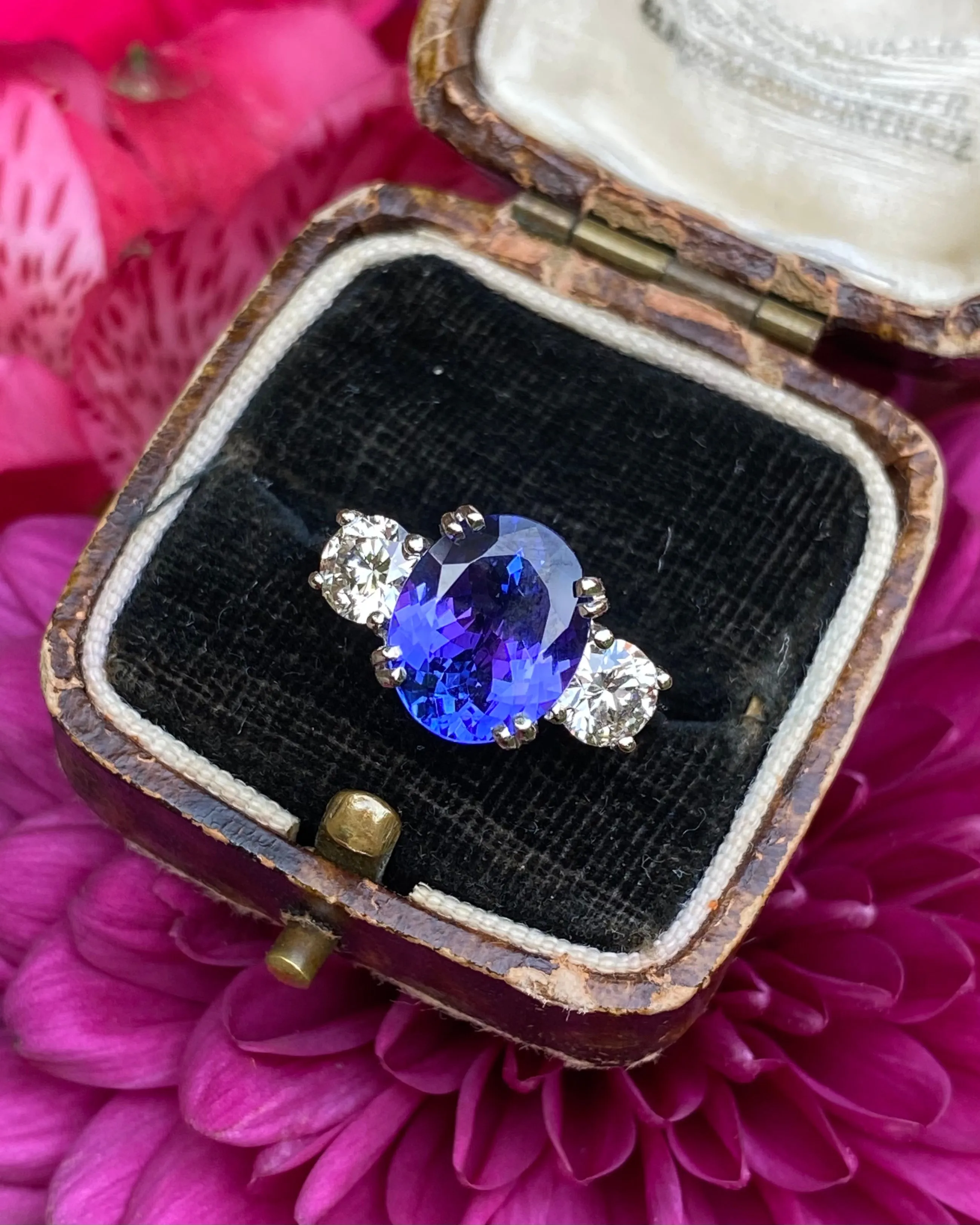 Tanzanite and Diamond Three Stone Platinum Ring 1.03ct   3.45ct