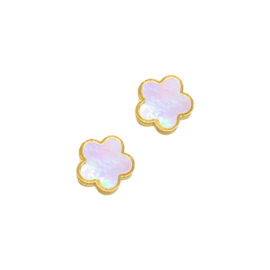 Tarnish Resistant 14k Gold Plated White Mother of Pearl Clover Stud Earrings