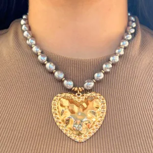 TFC Grey Pearls Mashed Bold Heart Pendant Necklace