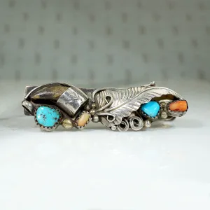 Turquoise, Coral & Bear Claw on Sterling Clip