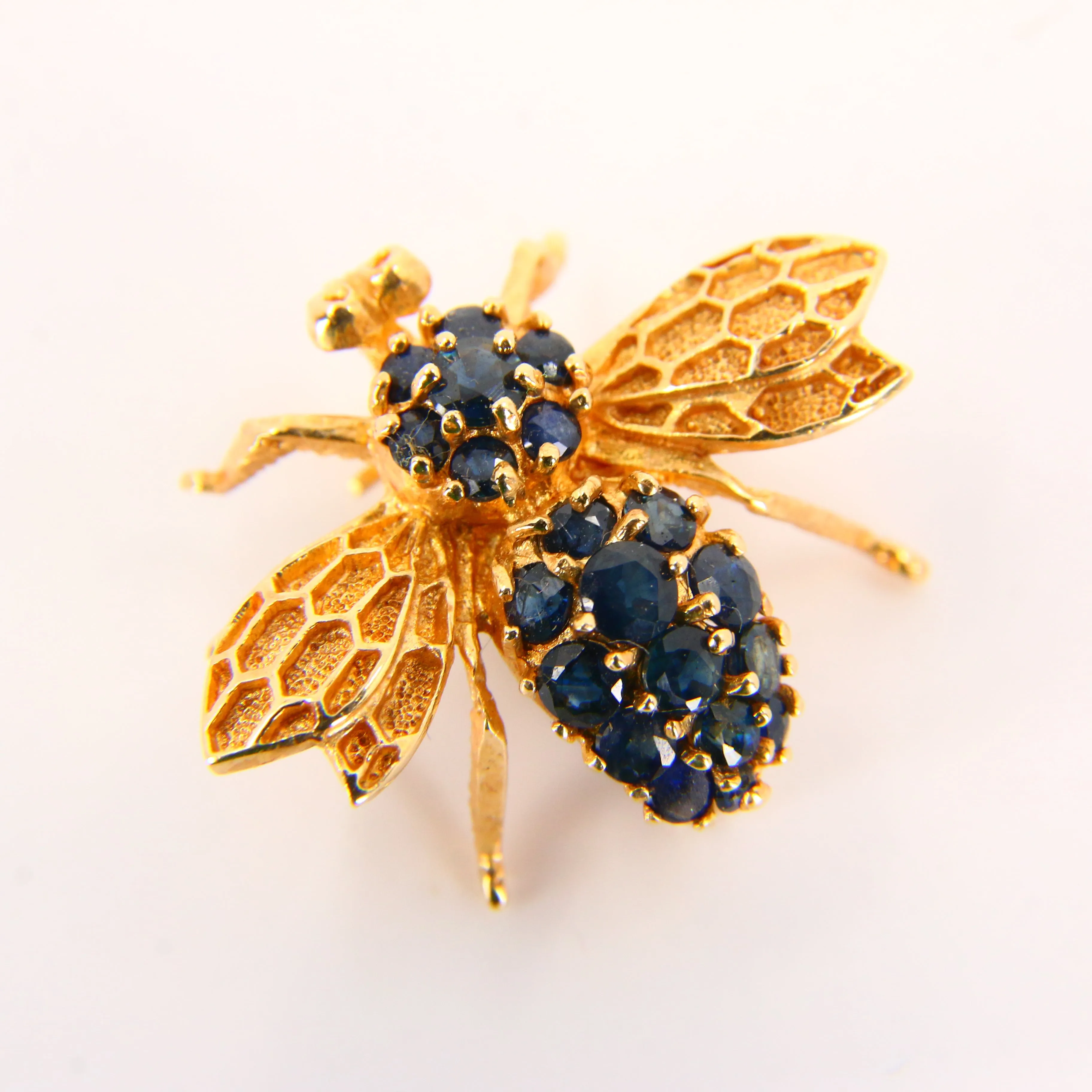 Vintage 14K Queen Bee Brooch Blue Sapphire & Yellow Gold Insect Brooch Boxed Gift