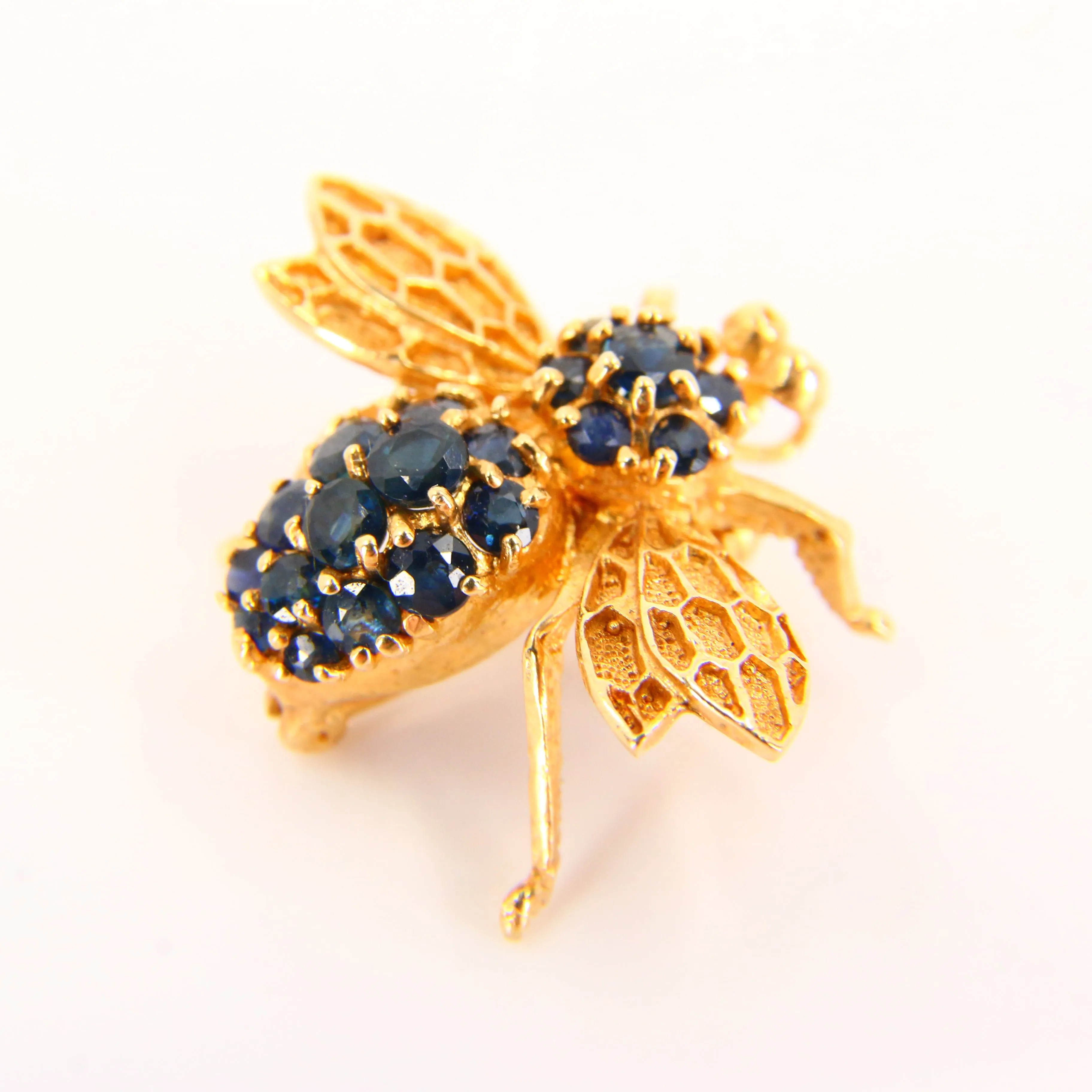 Vintage 14K Queen Bee Brooch Blue Sapphire & Yellow Gold Insect Brooch Boxed Gift