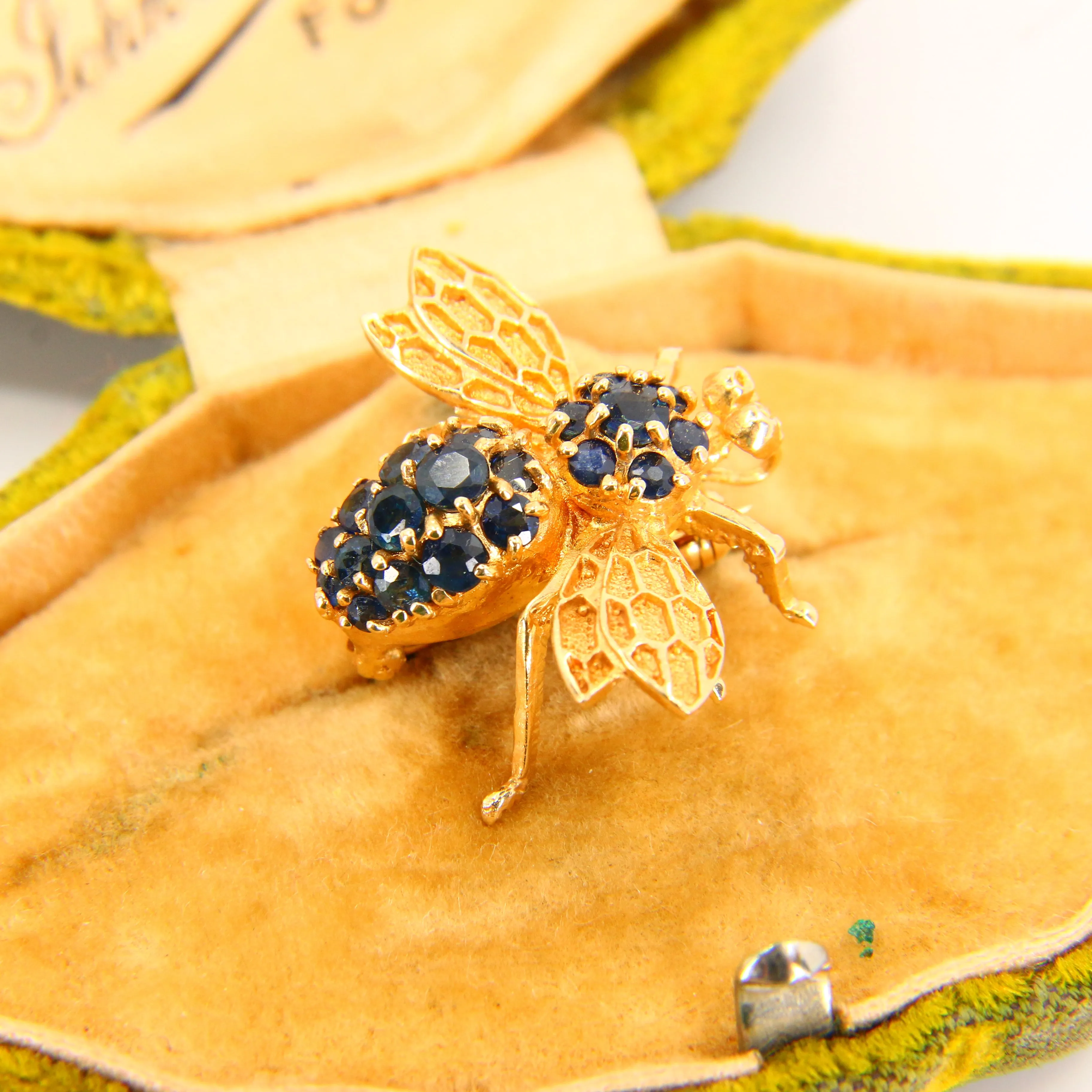 Vintage 14K Queen Bee Brooch Blue Sapphire & Yellow Gold Insect Brooch Boxed Gift