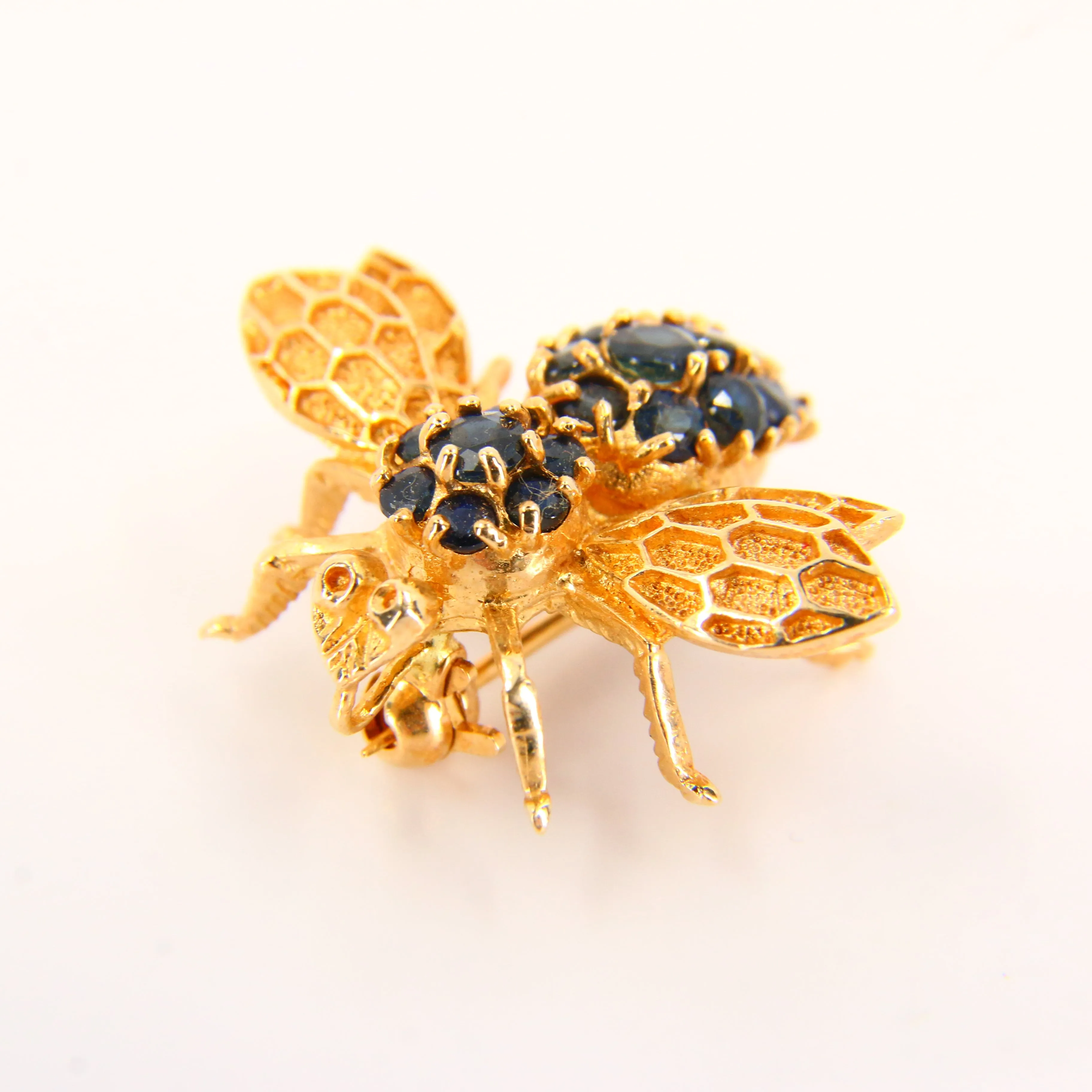 Vintage 14K Queen Bee Brooch Blue Sapphire & Yellow Gold Insect Brooch Boxed Gift