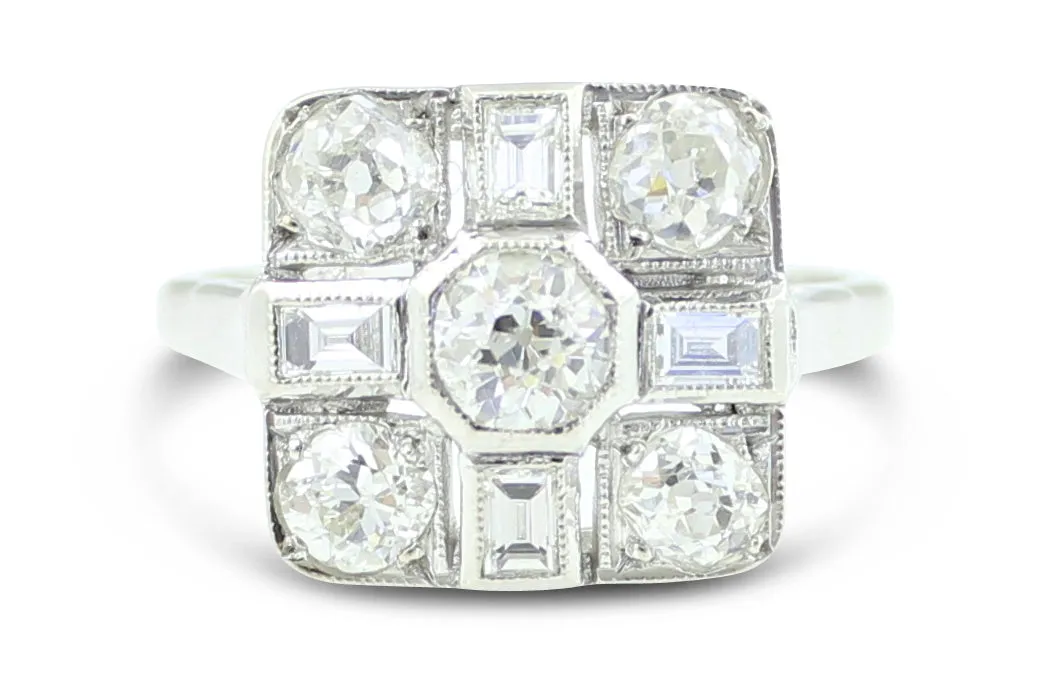 Vintage Diamond Cluster Ring 1.35ct Platinum