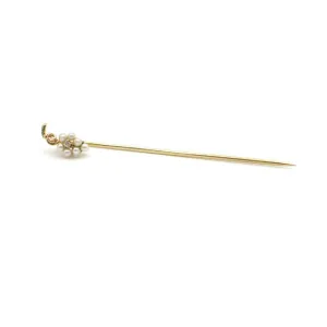 Vintage Genuine Diamond and Seed Pearl Stick Pin In 14K Yellow Gold