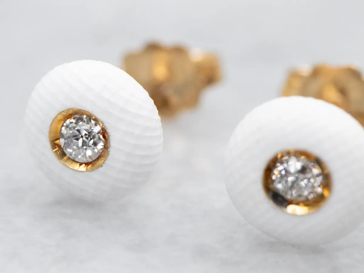 Vintage Old Mine Cut and White Enamel Stud Earrings