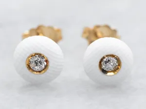 Vintage Old Mine Cut and White Enamel Stud Earrings