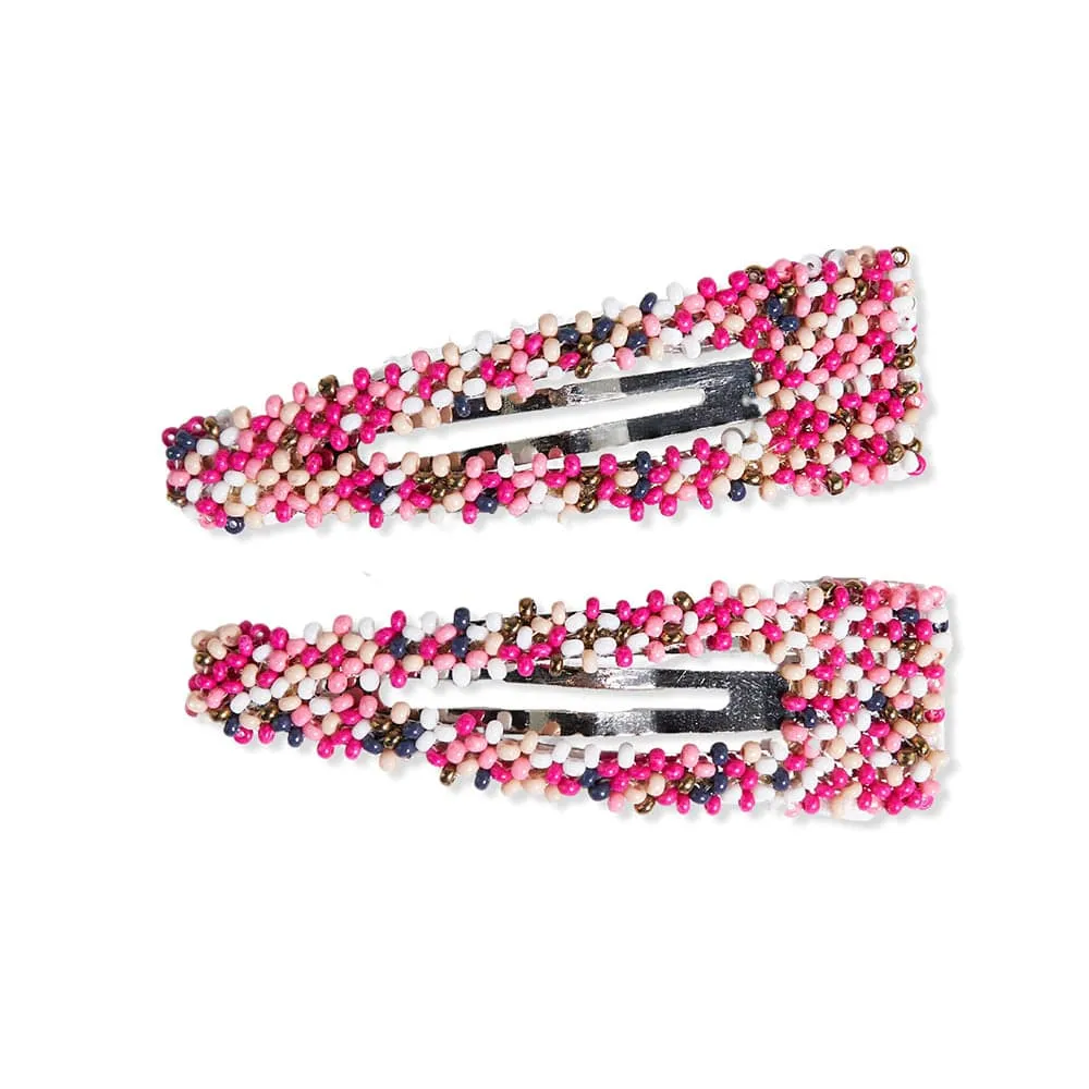 Violet Confetti Beaded Snap Hair Clip Hot Pink and Navy