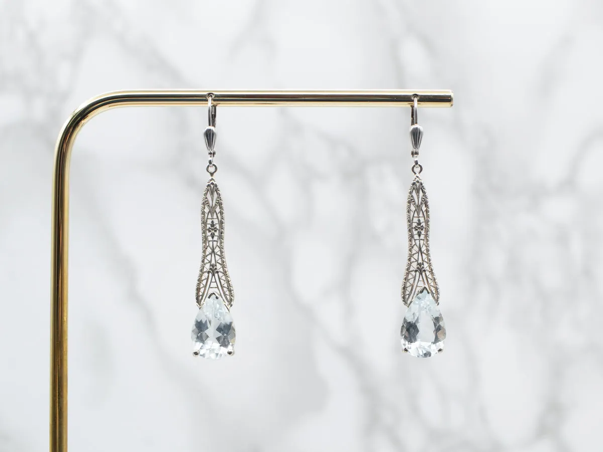 White Gold Blue Topaz Filigree Drop Earrings