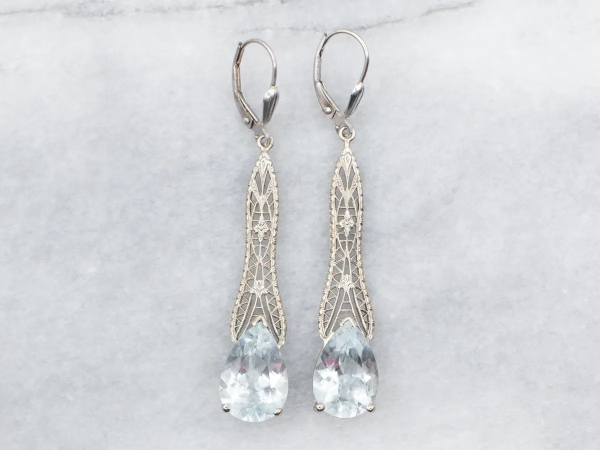 White Gold Blue Topaz Filigree Drop Earrings