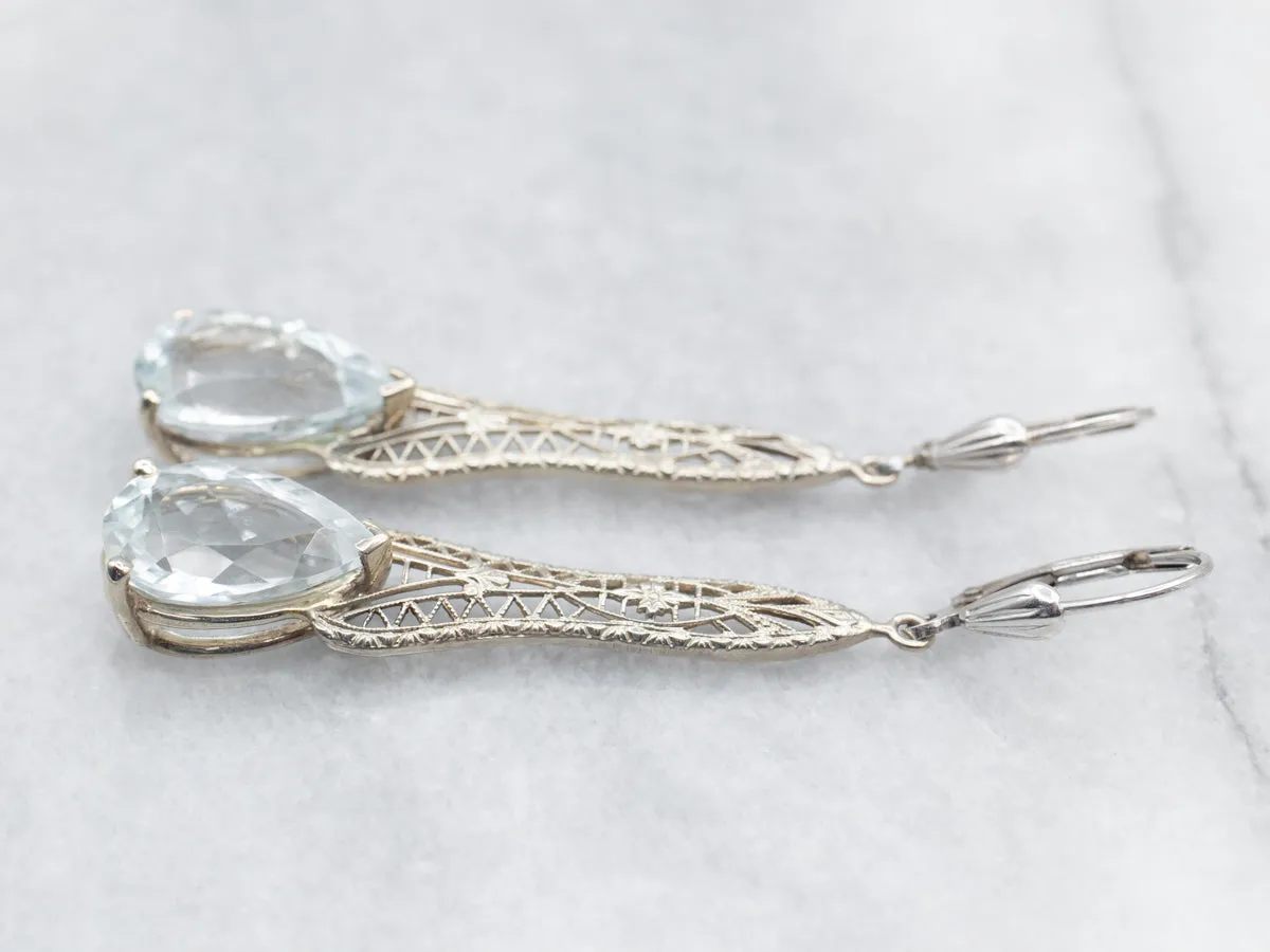 White Gold Blue Topaz Filigree Drop Earrings