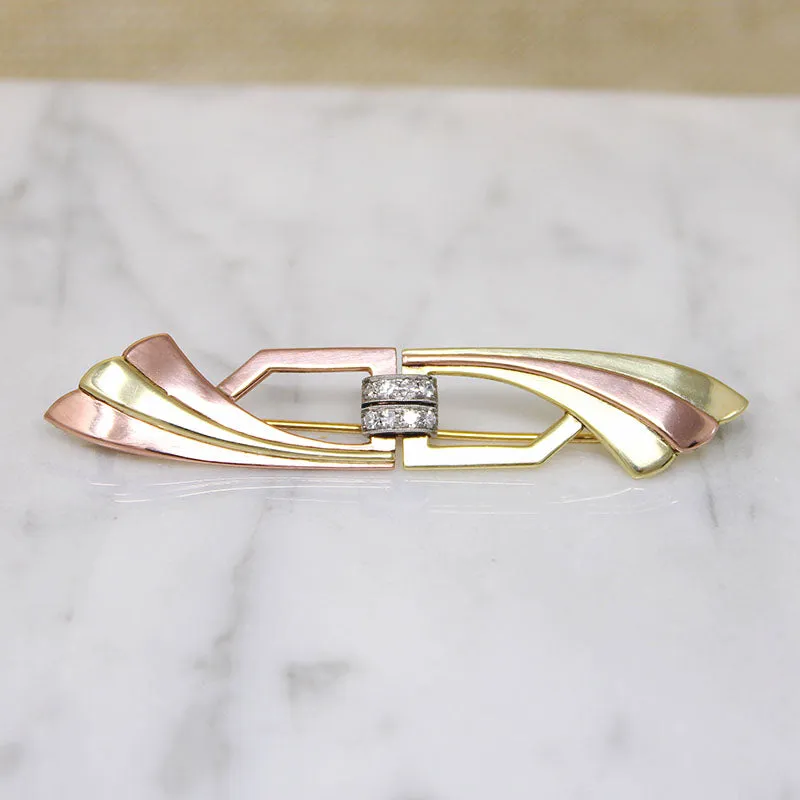 Yellow & Rose Gold Retro Brooch with Diamond-Set Platinum Detail