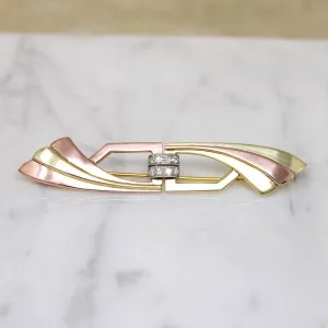 Yellow & Rose Gold Retro Brooch with Diamond-Set Platinum Detail
