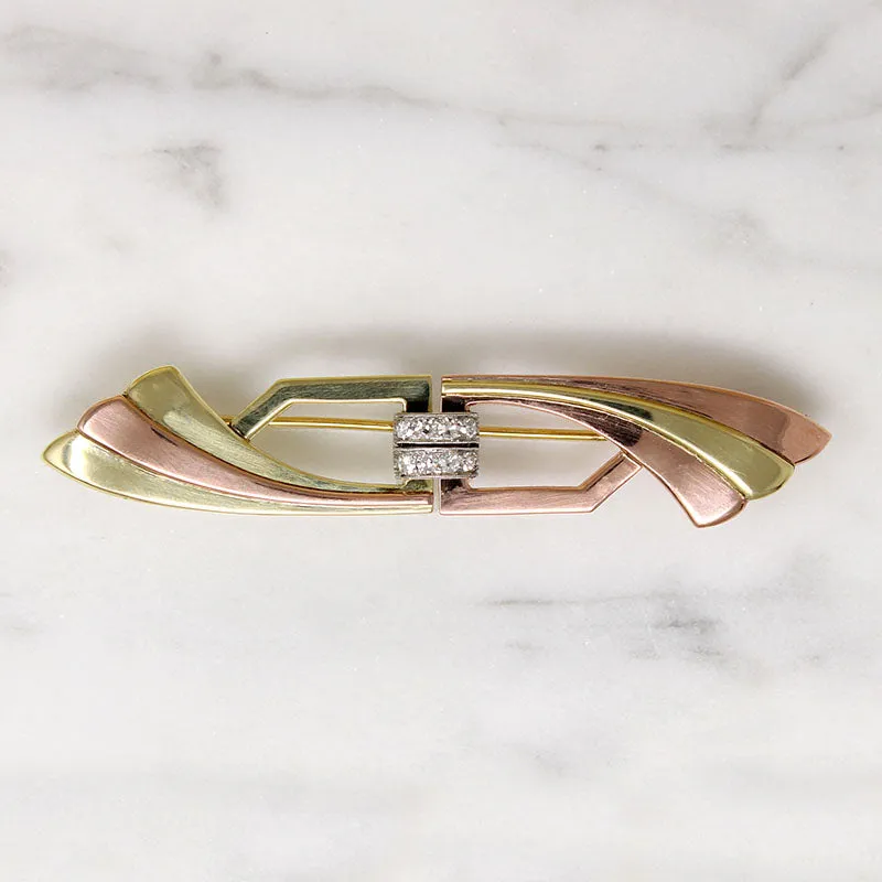Yellow & Rose Gold Retro Brooch with Diamond-Set Platinum Detail