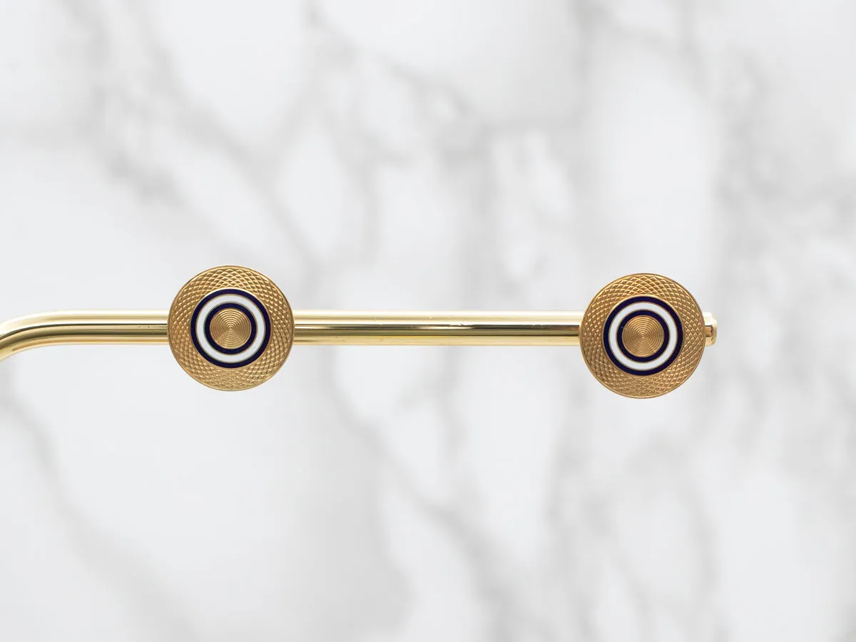Yellow Gold Black and White Enamel Circle Stud Earrings