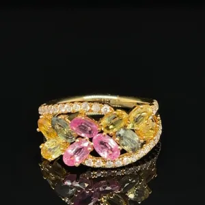 Yellow, Green, Pink Sapphire & Diamond 3.61ctw Cluster Swirl Ring - #409 - HRMIX000672